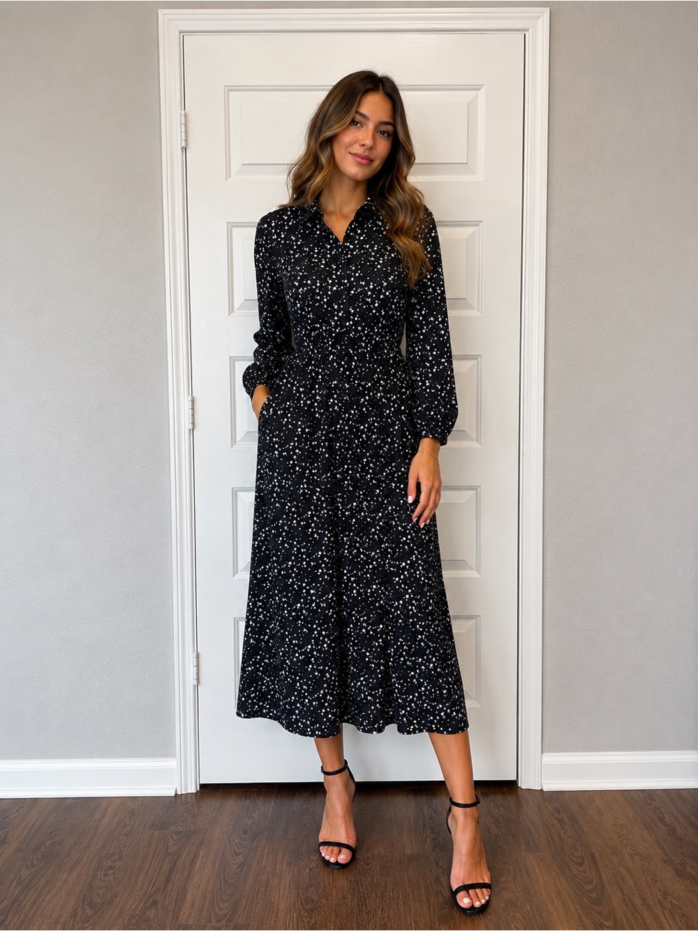 Refinery 29 x Eloquii Black Star Print Long Sleeve Midi Dress